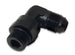 Vibrant black -12AN male flare to male ORB swivel 90-degree adapter fitting, anodized black, for high-performance automotive applications.