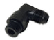 Vibrant black -12AN male flare to male ORB swivel 90-degree adapter fitting, anodized black, for high-performance automotive applications.