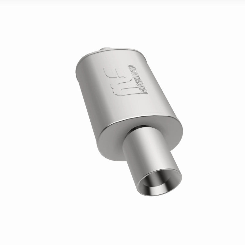 MagnaFlow muffler with tip, model Mag RS 14X5X8, featuring a 2.25/4 inch exhaust inlet and outlet, automotive exhaust component.