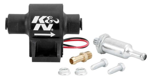 K&N Engineering electric fuel pump with 1-2 PSI pressure, compact design for automotive fuel delivery systems.