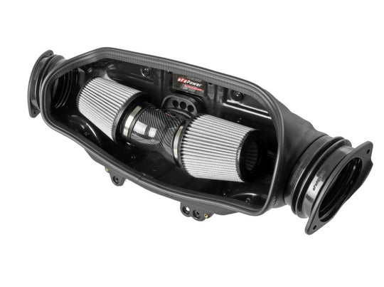 aFe 2020 Corvette C8 Track Series carbon fiber cold air intake system with Pro DRY S filters, showing sleek carbon fiber components.