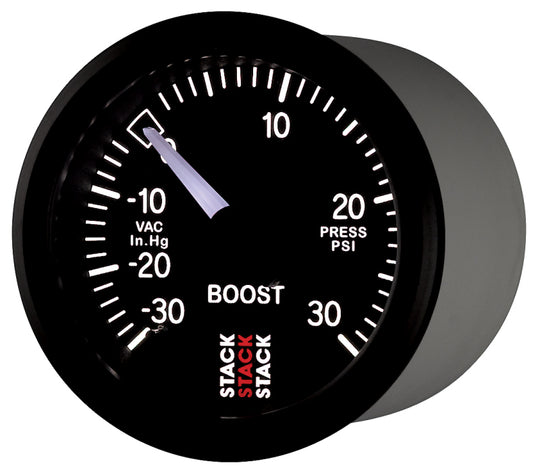 AutoMeter 52mm black mechanical boost gauge showing pressure from -30 inHg to +30 PSI for automotive use.