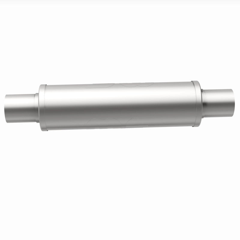 MagnaFlow Mag SS muffler with 14x4x4 inch dimensions and dual 2.25x2.25 inch inlet and outlet pipes, shown in the image.