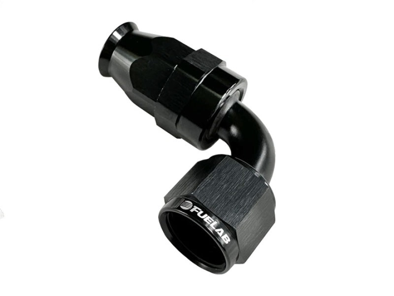 Fuelab 90-degree PTFE swivel hose end fitting with 8AN connection, designed for high-performance fuel systems.