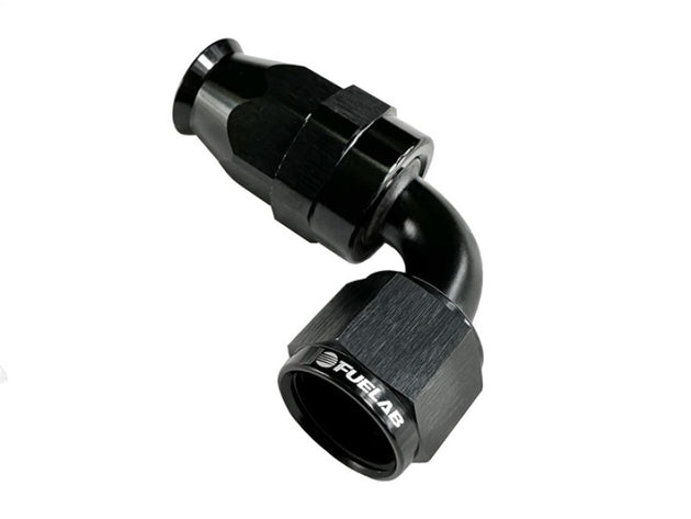Fuelab 90-degree PTFE swivel hose end fitting with 8AN connection, designed for high-performance fuel systems.