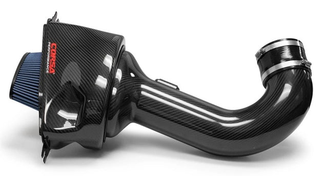 Corsa Chevrolet Corvette C7 Z06 carbon fiber cold air intake with MaxFlow 5 oiled filter, showcasing sleek lightweight design.