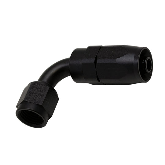 DeatschWerks 6AN female swivel 90-degree hose end fitting in anodized matte black, with detailed threading and swivel mechanism.