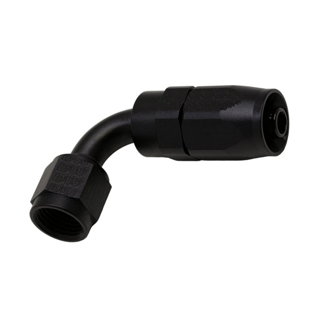 DeatschWerks 6AN female swivel 90-degree hose end fitting in anodized matte black, with detailed threading and swivel mechanism.