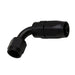 DeatschWerks 6AN female swivel 90-degree hose end fitting in anodized matte black, with detailed threading and swivel mechanism.