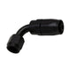 DeatschWerks 6AN female swivel 90-degree hose end fitting in anodized matte black, with detailed threading and swivel mechanism.
