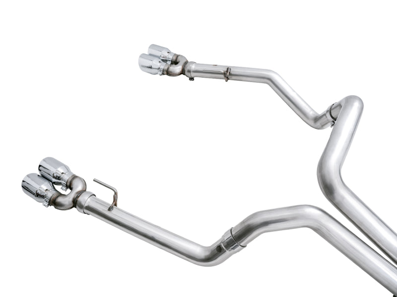 AWE Tuning 4th Gen GM 1500 6.2L catback exhaust with split rear exit and quad chrome tips, featuring bumper cutouts.