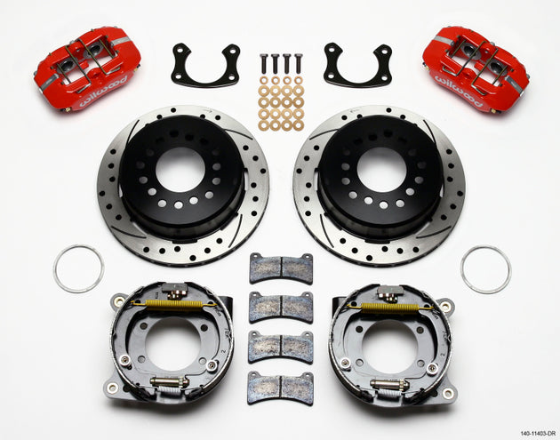 Wilwood Dynapro low-profile 11-inch P-brake kit with red drill rotors, designed for small Ford vehicles with 2.50-inch offset.