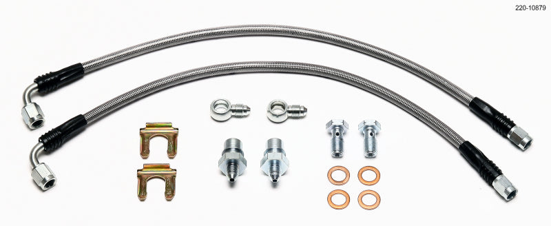 Wilwood rear mini Cooper brake line kit with combination parking brake caliper, featuring flexible brake lines for enhanced safety and performance.