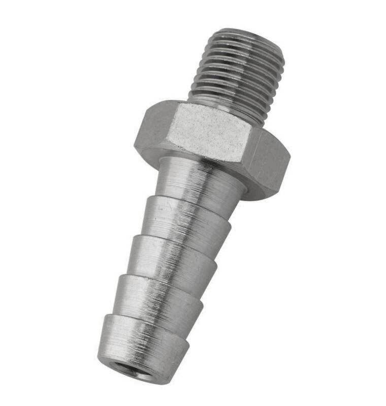 Walbro 10.5mm barb fuel fitting showing durable metal construction and precise fitting for fuel line connections.