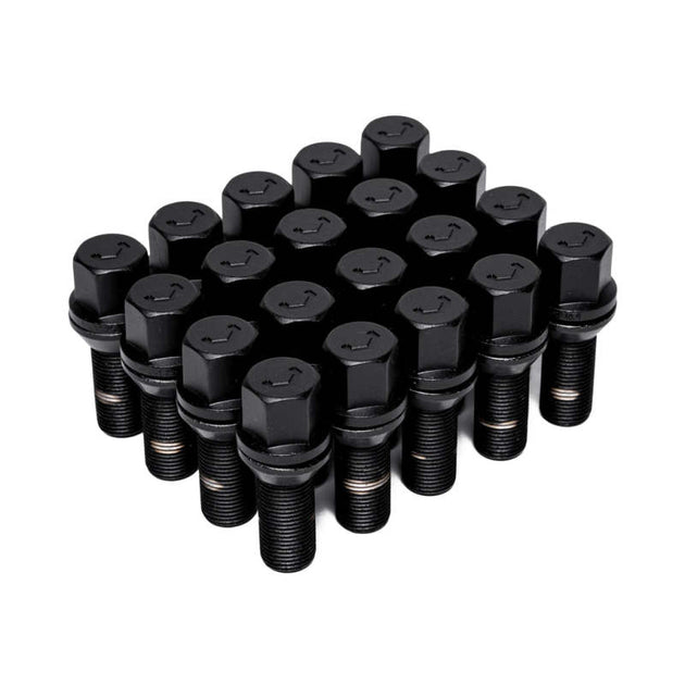 Set of 20 Vossen black 14x1.25 wheel lug bolts with 30mm length and 17mm hex, cone seat design for vehicle wheels.