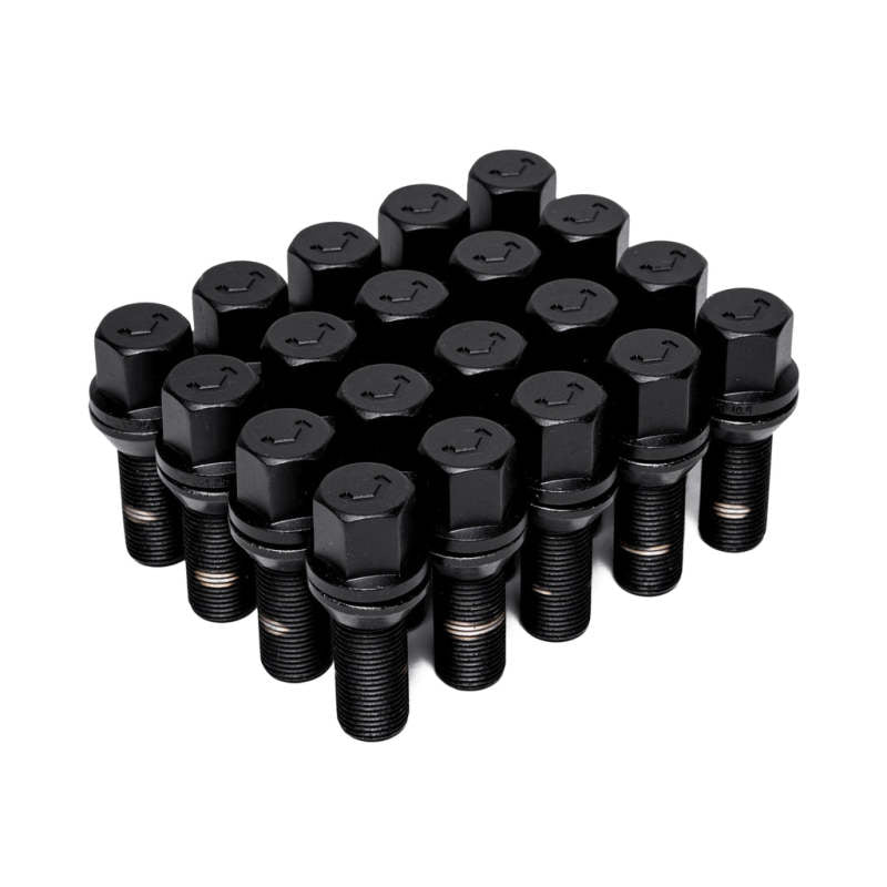 Set of 20 Vossen black 14x1.25 wheel lug bolts with 30mm length and 17mm hex, cone seat design for vehicle wheels.