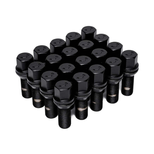 Set of 20 black Vossen wheel lug bolts, 14x1.5 thread, 30mm length, 17mm hex, cone seat for vehicle wheels.