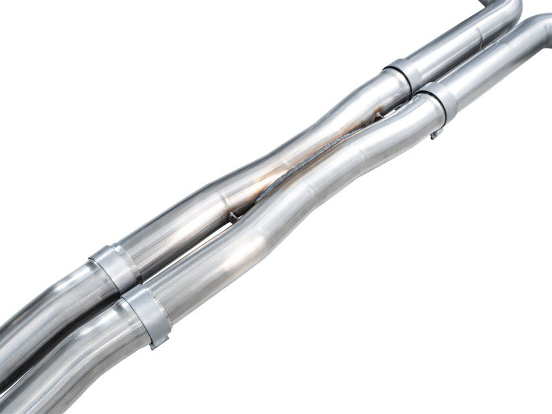 AWE Tuning Cadillac CT5-V Blackwing catback exhaust with chrome silver tips, showcasing sleek, polished metal and dual exhaust outlets.