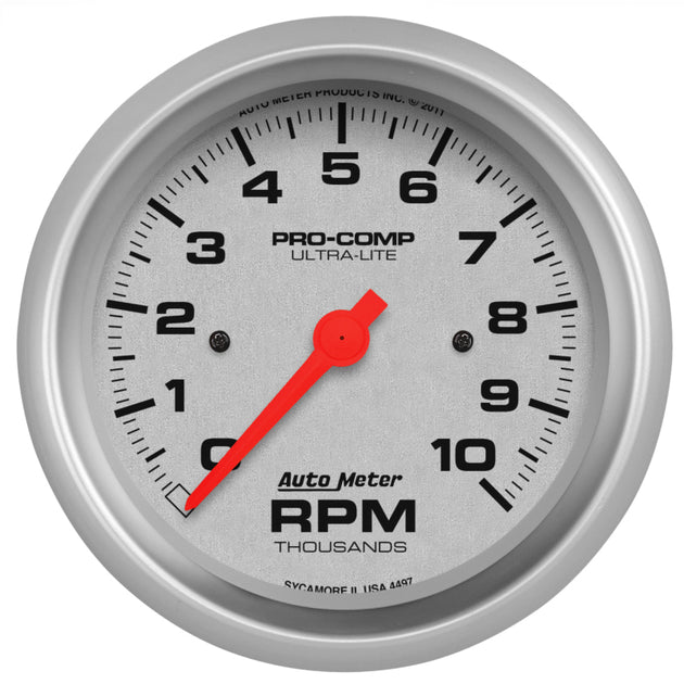AutoMeter Ultra-Lite 87.5mm in-dash tachometer gauge displaying RPM readings up to 10,000 RPM for automotive use.