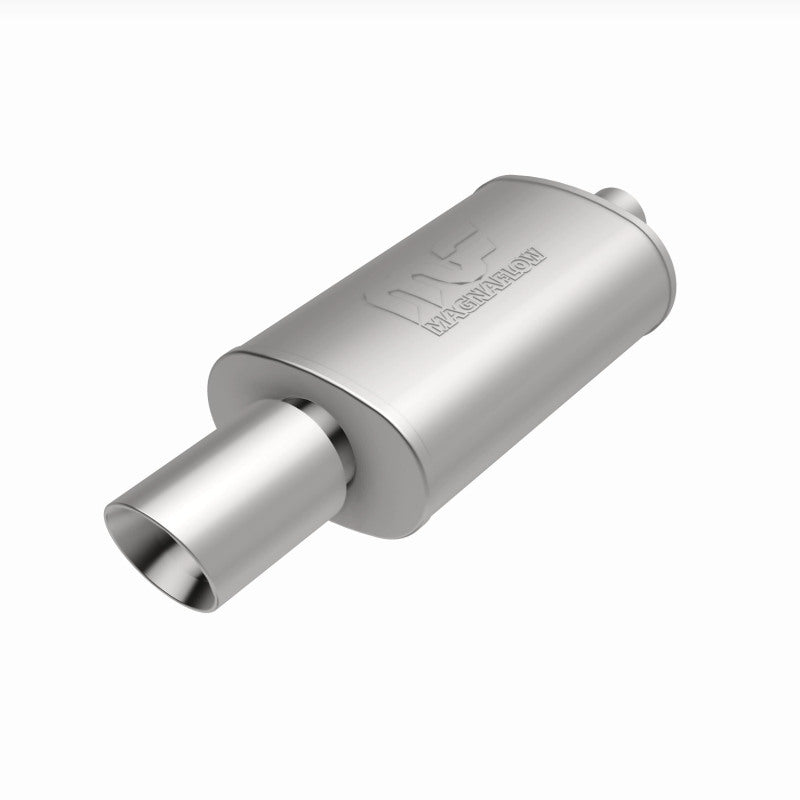MagnaFlow muffler with tip, model Mag Rs 14X5X8, featuring dual inlet and outlet pipes, installed on a vehicle's exhaust system.