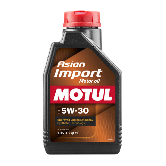 Motul Asian Import Motor Oil 5W30, 12 bottles of 1 liter each, in a clean, professional setup showing the oil bottles.