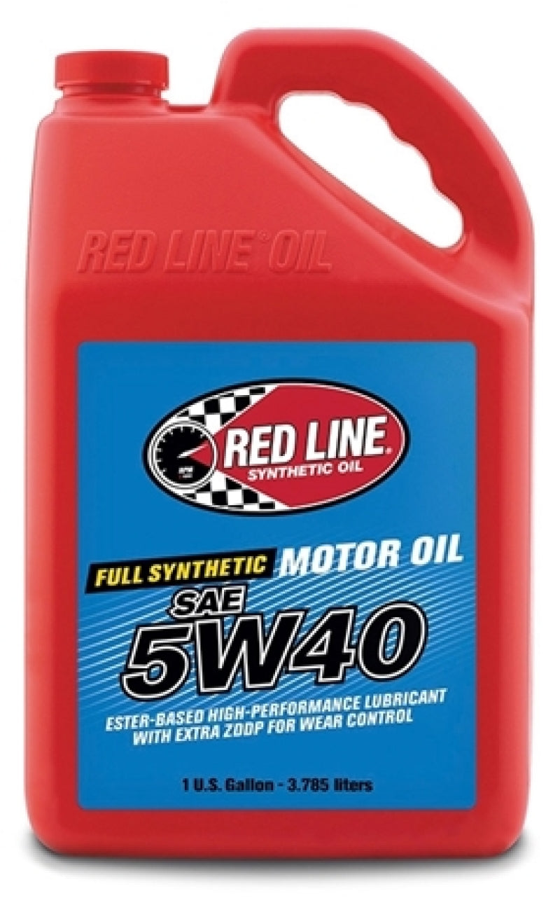 Red Line 5W40 motor oil in a gallon container, suitable for engine lubrication and maintenance.