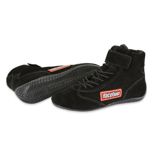 RaceQuip black SFI race shoe 11.0, racing shoes with sturdy design and racing sole, branded by RaceQuip for motorsports.