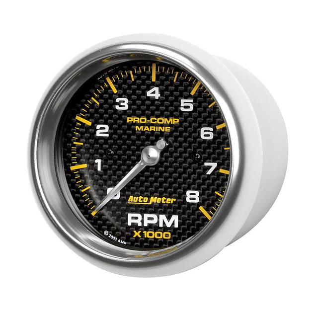 AutoMeter Marine carbon fiber 3-3/8 inch tachometer gauge with 8,000 RPM dial, featuring a sleek design for marine applications.