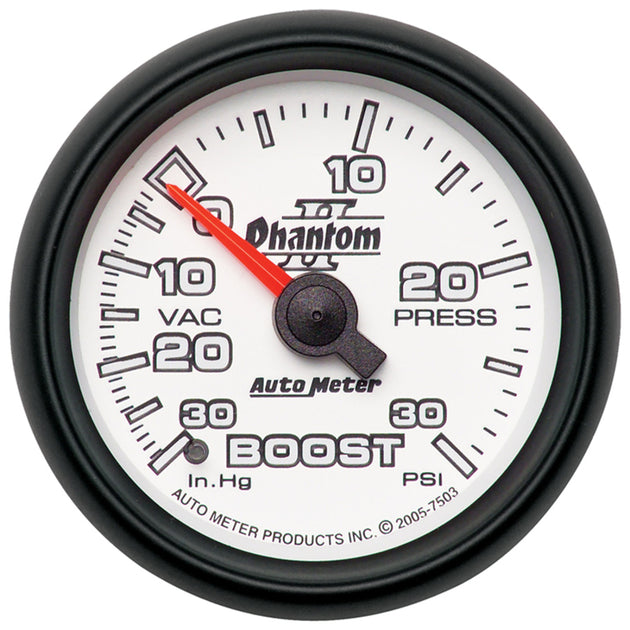 AutoMeter Phantom II 52.4mm mechanical vacuum and boost gauge showing 30 in. Hg and 30 psi readings on a black dial