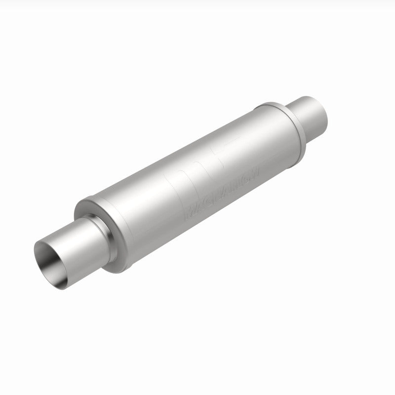 MagnaFlow Mag SS muffler with 14x4x4 inch dimensions and 2.5x2.5 inch inlet and outlet pipes, stainless steel construction.
