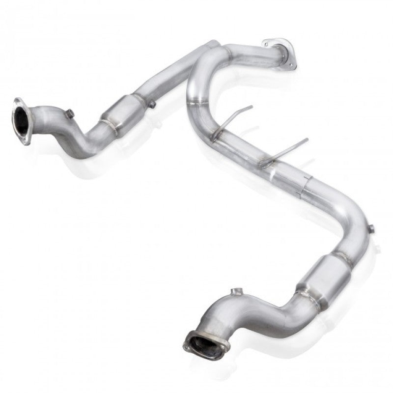 Stainless Works 2017 F-150 Raptor 3.5L downpipe with high-flow cats and factory connection, designed for performance upgrade.