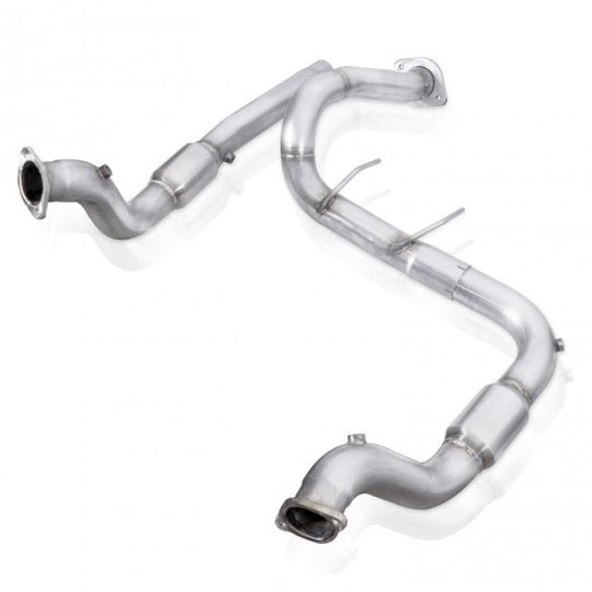 Stainless Works 2017 F-150 Raptor 3.5L downpipe with high-flow cats and factory connection, designed for performance upgrade.