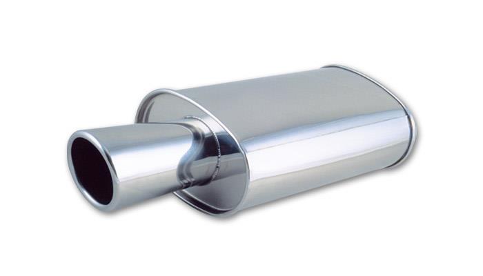 Vibrant StreetPower oval muffler with 4-inch round tip, angle cut rolled edge, 2.5-inch inlet I.D., automotive exhaust part