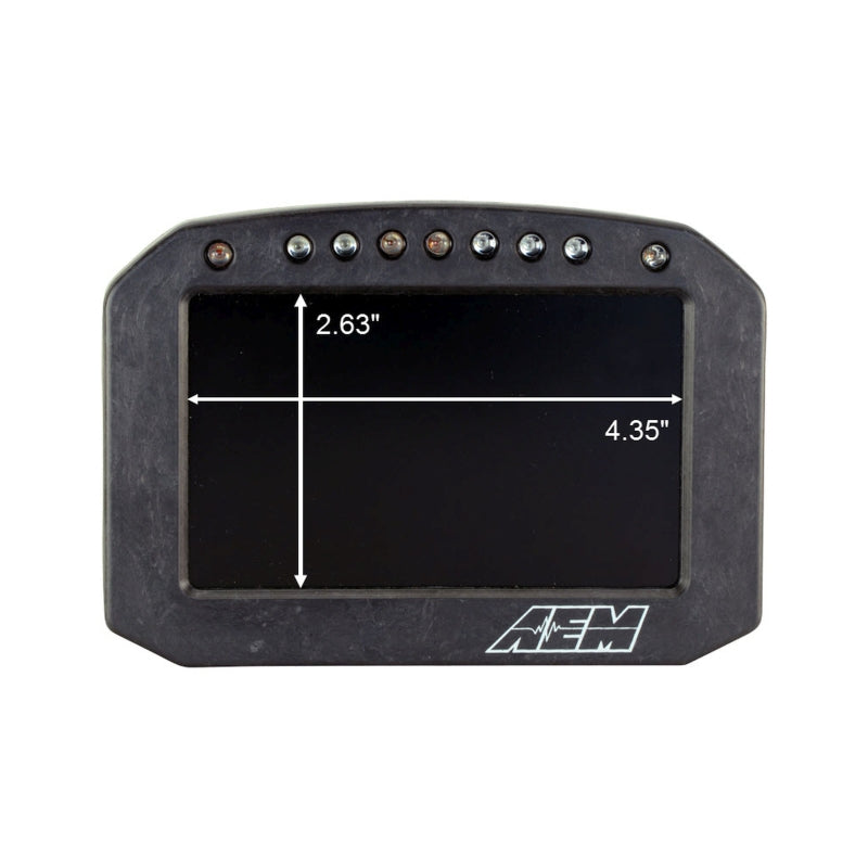AEM CD-5L Carbon Logging Flush Digital Dash Display gauge showing a sleek black and silver digital interface with data readouts.