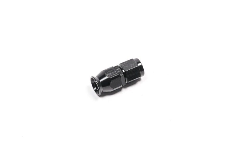 Radium Engineering -6AN straight PTFE hose end fitting in black, showing detailed connector with smooth finish and threaded end.