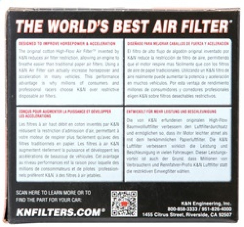 K&N Engineering round custom air filter with 2.875-inch ID, 3.875-inch OD, 2-inch height, drop-in style for vehicle airflow.
