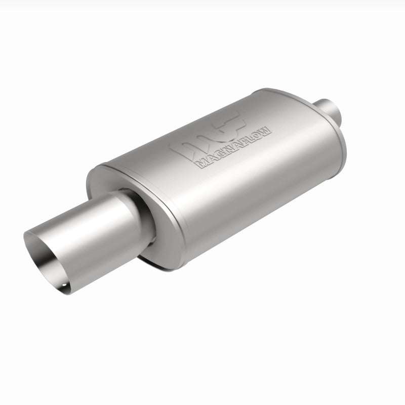 MagnaFlow stainless steel muffler with dual tips, 14x5x8 inches, featuring 2.25/4 inch inlet and outlet pipes for car exhaust.