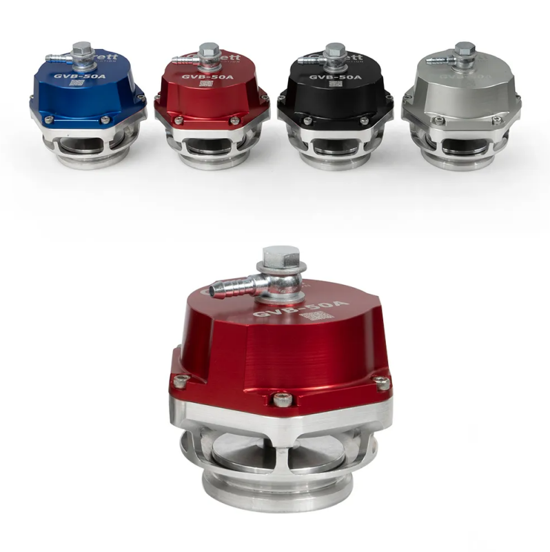 Garrett GVB-50A 50mm VTA blow off valve in red, showing the metal construction and vibrant color on a clean background.