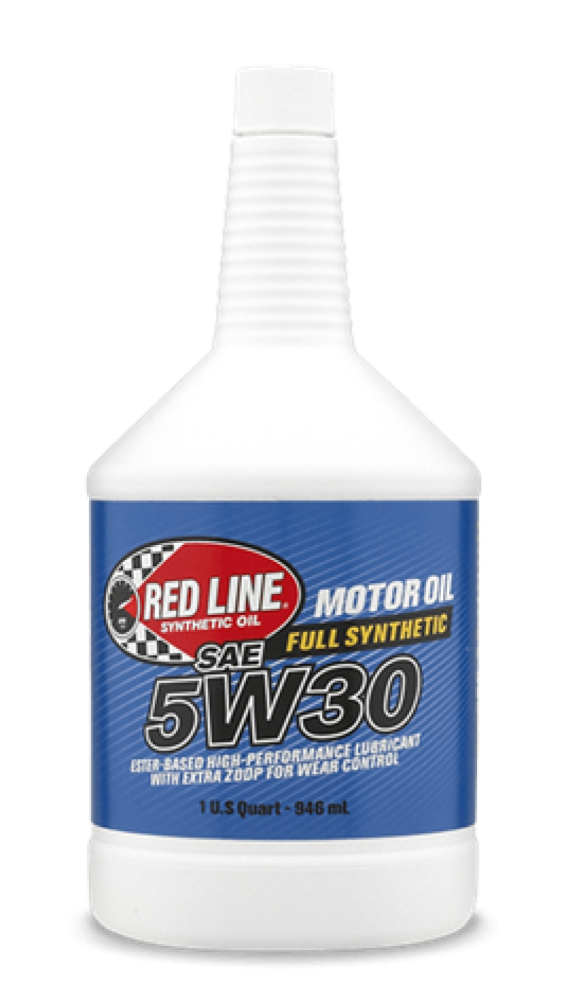 Red Line 5W30 motor oil quart bottle with red and black label, showcasing the product for vehicle engine lubrication.