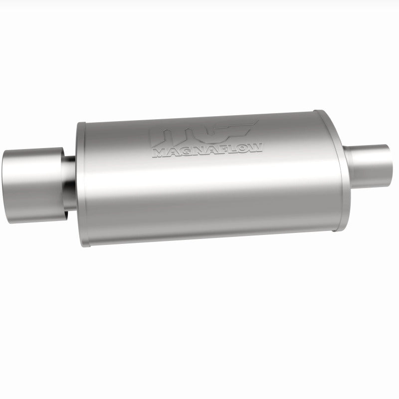 MagnaFlow stainless steel muffler with polished tip, 14x5x8 inches, 2.25/4 inlet-outlet, showcased from front angle