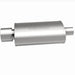 MagnaFlow stainless steel muffler with polished tip, 14x5x8 inches, 2.25/4 inlet-outlet, showcased from front angle