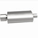MagnaFlow stainless steel muffler with polished tip, 14x5x8 inches, 2.25/4 inlet-outlet, showcased from front angle