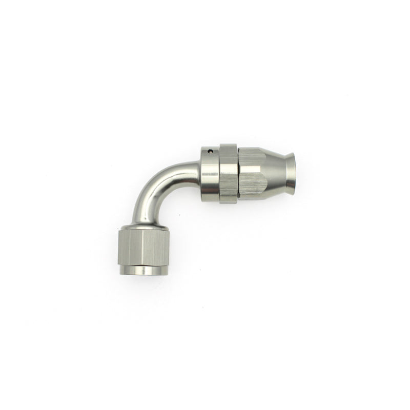 DeatschWerks 8AN female swivel 90-degree hose end fitting with PTFE and olive insert for high-performance fuel or oil lines.