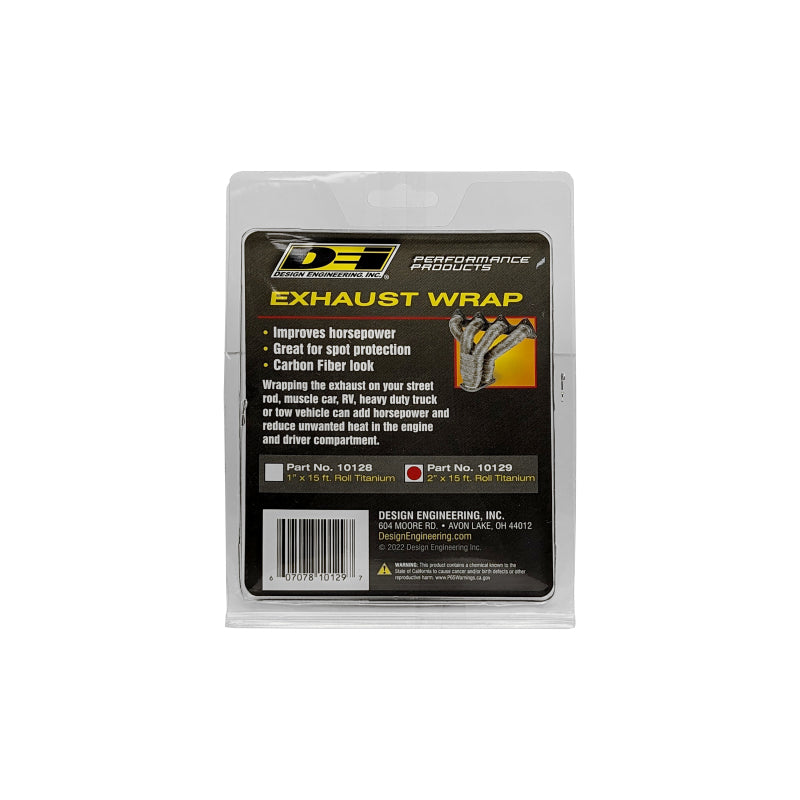 DEI Titanium exhaust wrap, 2-inch by 15-foot, heat-resistant thermal insulation for automotive exhaust systems.