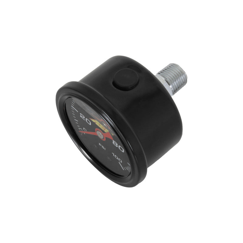 AEM 0-100 PSI liquid filled mechanical pressure gauge with 1/8 NPT connection for precise pressure measurement.