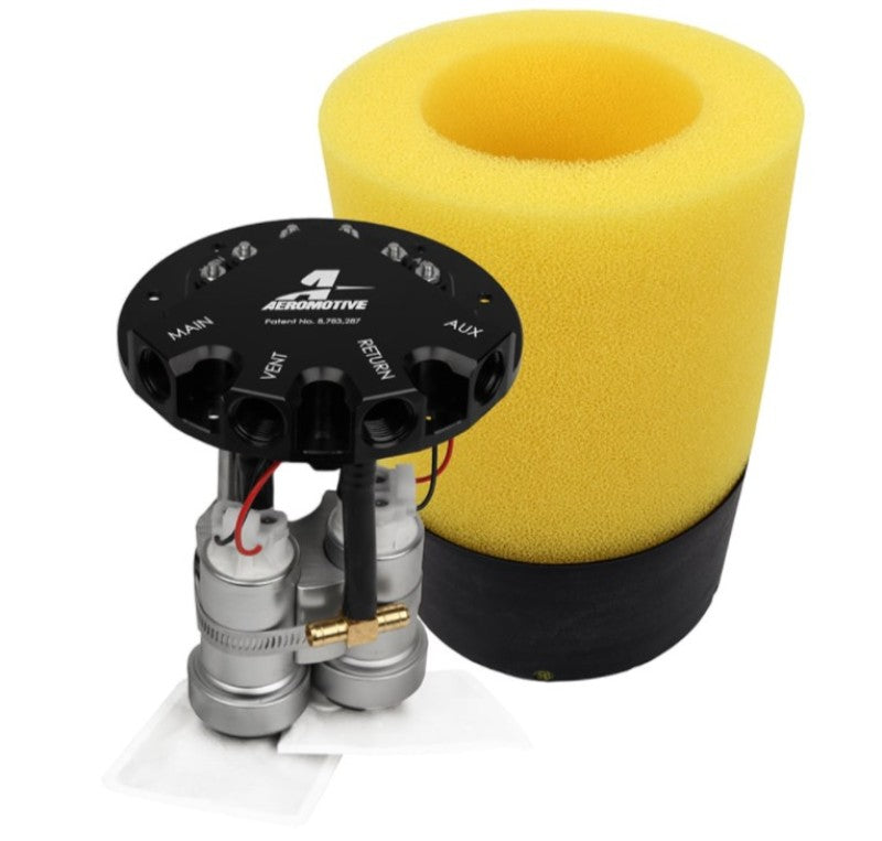 Aeromotive Phantom 450 Dual Stealth fuel pump with black housing and wiring, designed for 6-10 inch depth installation.