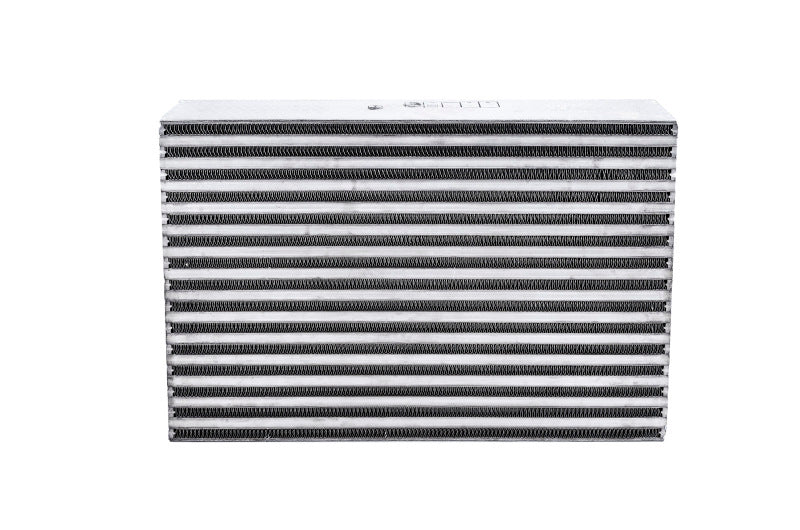 Garrett intercooler CAC for 750 HP engine, 18x12.1x3 inch aluminum air cooler with fins and inlet/outlet ports in a close-up view.