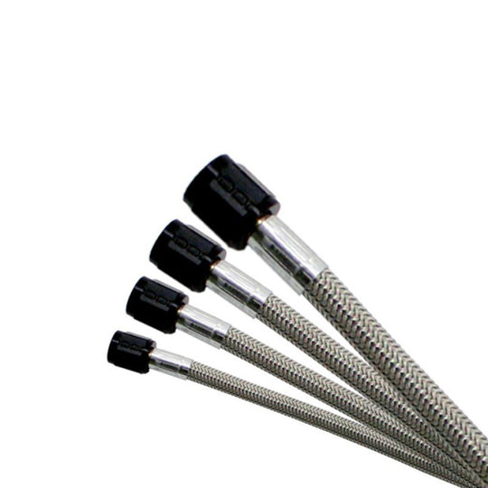 Blue Nitrous Express 3AN 12-inch stainless steel braided hose with durable construction and detailed fittings.