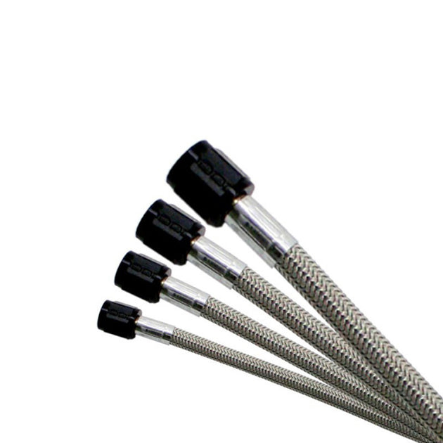 Blue Nitrous Express 3AN 12-inch stainless steel braided hose with durable construction and detailed fittings.