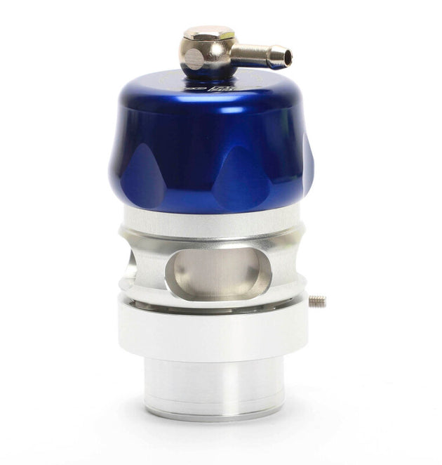 Blue Turbosmart BOV Vee Port Pro blow off valve with visible blue anodized finish and compact design for turbocharged engines.